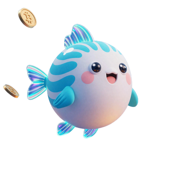 Cyber-Pufferfisch Maskottchen mit holographischen Flossen schwebt &uuml;ber regnenden digitalen M&uuml;nzen und leuchtenden Krypto-Schatztruhen