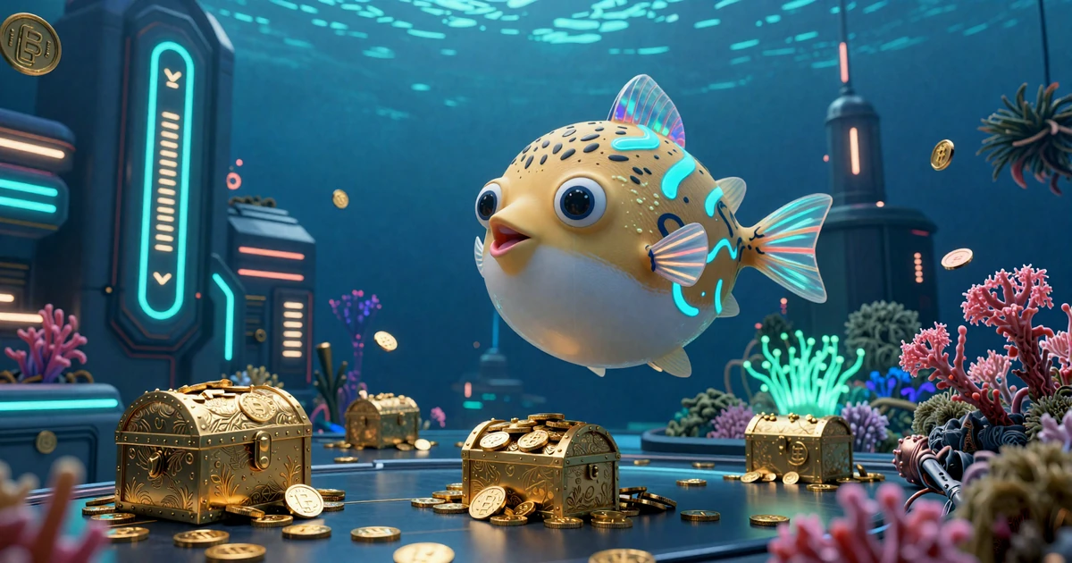 Cyber-Pufferfisch Maskottchen schwebt &uuml;ber leuchtenden Krypto-Schatztruhen mit goldenen Bonus-M&uuml;nzen im Unterwasser-Neon-Licht