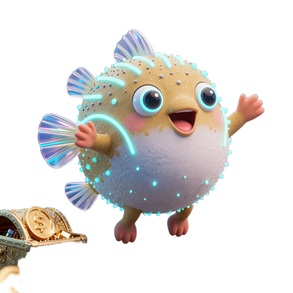 Cyber-Pufferfisch Maskottchen von Fugu Casino mit Neon-Streifen und holographischen Flossen schwebt &uuml;ber goldenen Schatztruhen