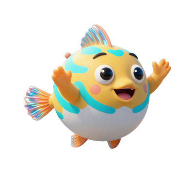 Cyber-Pufferfisch Maskottchen mit holographischen Flossen schwebt &uuml;ber digitalen M&uuml;nzen
