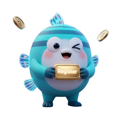Cyber-Pufferfisch Maskottchen schwebt &uuml;ber einer digitalen &Uuml;bersichtskarte der Fugu Casino Webseite