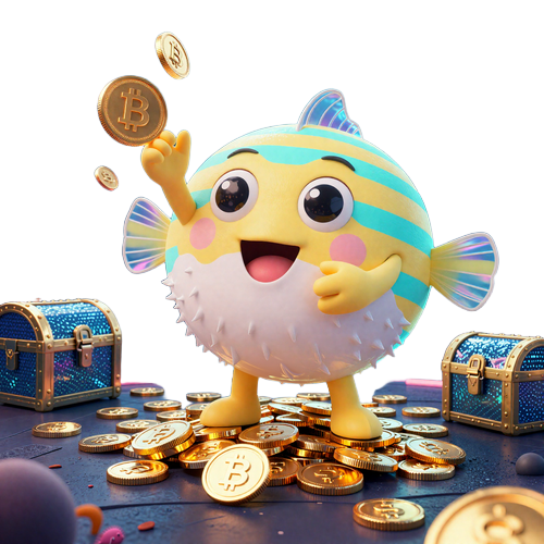 Cyber-Pufferfisch sammelt leuchtende SeaCoins digitale M&uuml;nzen in der Unterwasser-Gamification-Welt